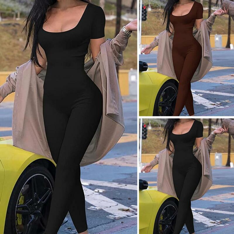 Hip Lift Jumpsuit Stylish Women's Summer Sports Jumpsuit with Short Sleeves U Neck Design Butt-lifted Feature for Gym Jogging