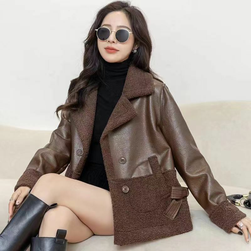 Wyblz-女性の韓国スタイルの合成皮革ジャケット,毛皮のコート,ダブルウェア,ぬいぐるみコート,ルーズ,オーバーサイズ,秋冬