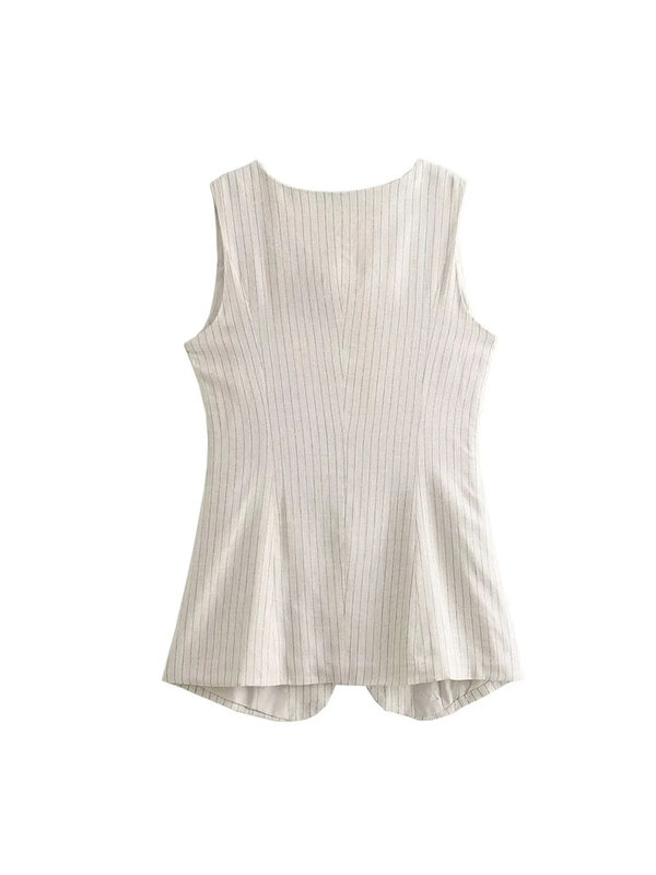 TRAF 2024 Vests For Women Linen And Cotton Stripes Vest Jacket Woman Waistcoat Streetwear New Women Outerwear ﻿