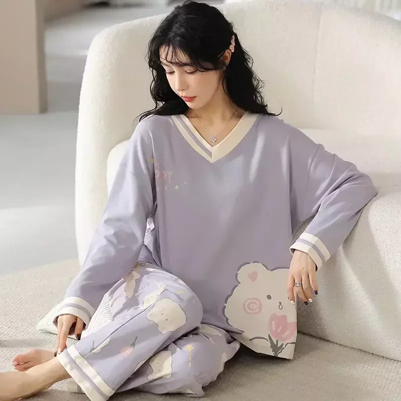 Winter Sleeve Autumn Sweet Long Home Pure Wear Women Suit Pajamas Cotton Cartoon Can Set And Spring
