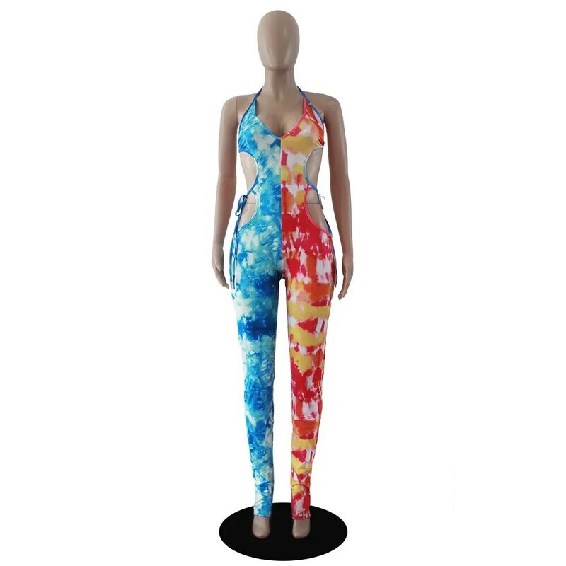 2024 Ladies Sleeveless Neck Hanging Fashion Sexy Backless Two-Color Tie Dyed Suspender Jumpsuit
