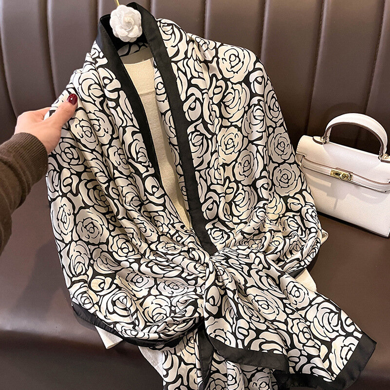 New Camellia Bandana 180cm Scarf 2024 Fashion Women Hijab Soft Shawls and Wraps Female Foulard Designer Pashmina Headscarf