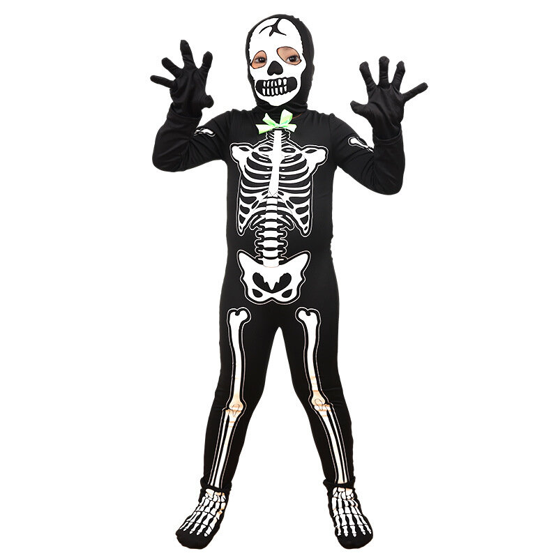 ユニセックスの男の子は,ハロウィーンのカーニバルキッズのための黒い骨格の衣装で輝きます