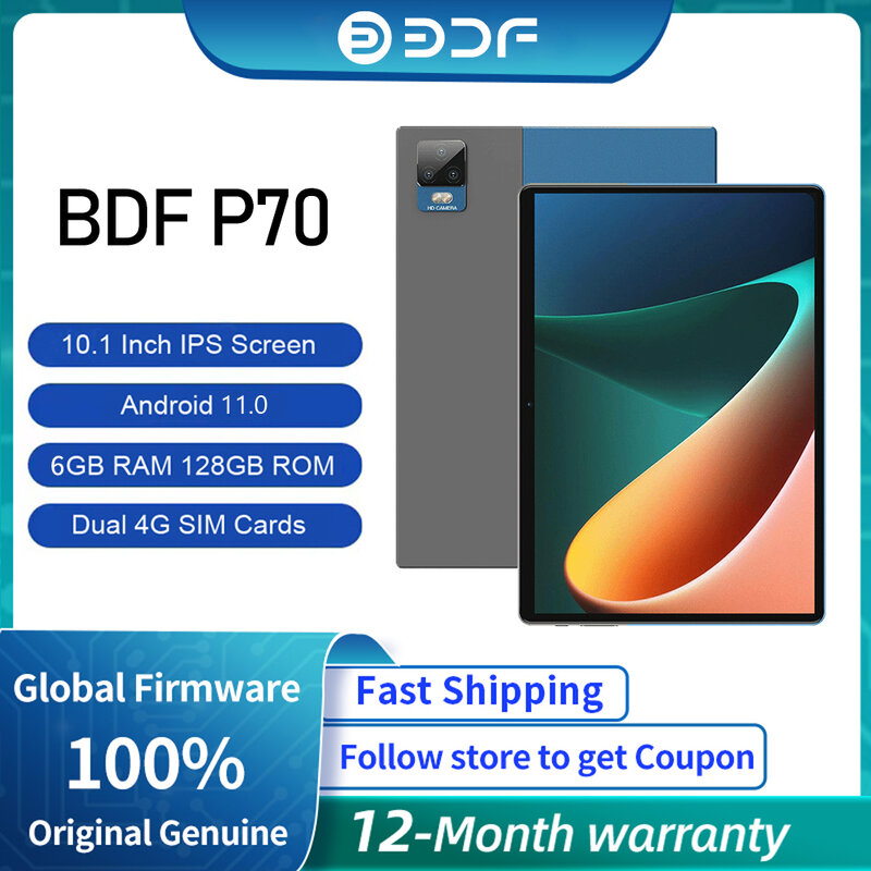 Tablet Versi Global 2023 Baru BDF Pad P70 10.1 Inci Android 11.0 [RAM 6GB + ROM 128GB] SIM Ganda 4G LTE WiFi 2.4/5G Bluetooth 5.0