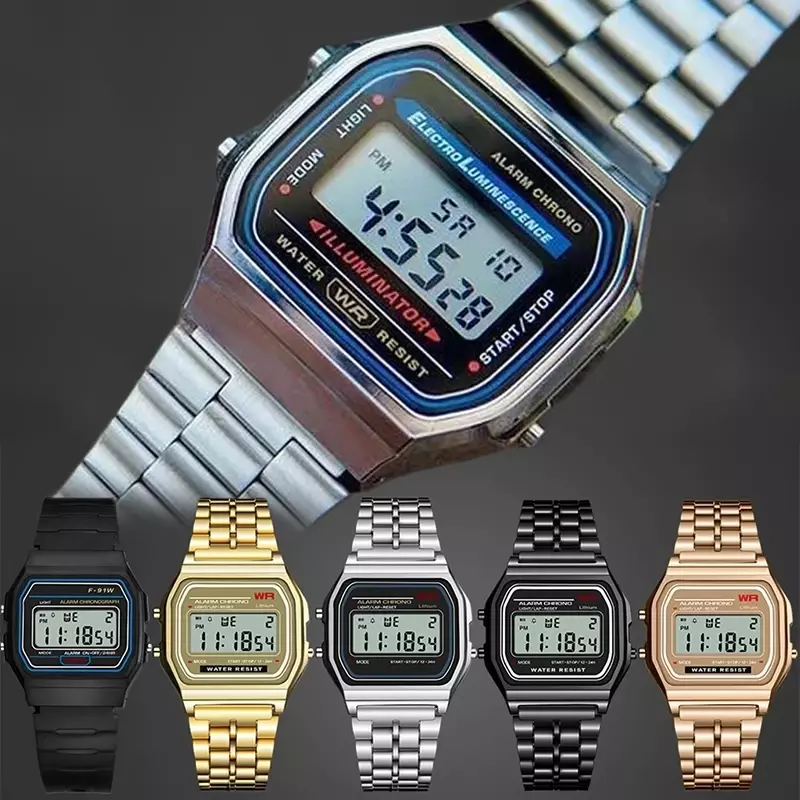 多機能デジタル腕時計f91w,子供用,電子時計,ステンレス鋼,LEDストップウォッチ