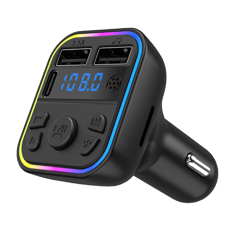 Pengisi daya mobil USB tipe-c ganda, pemancar FM Bluetooth 5.0, pemutar MP3, RGB, lampu suasana, bebas genggam, pengisi daya kartu TF FM