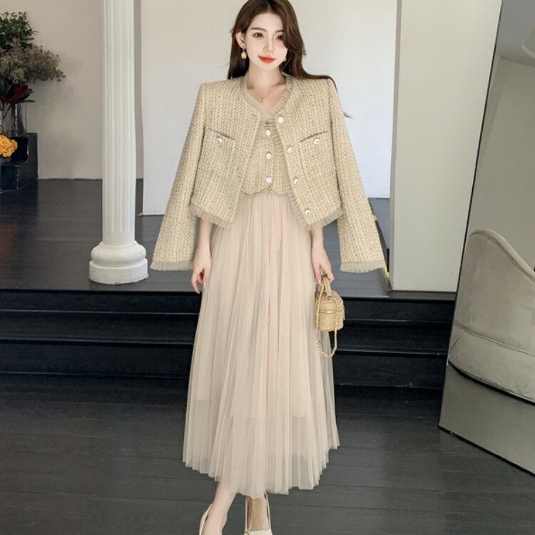Alta qualidade feminina pequena fragrância tweed duas peças conjunto elegante casaco de jaqueta curto + alças espaguete malha retalhos midi vestido terno