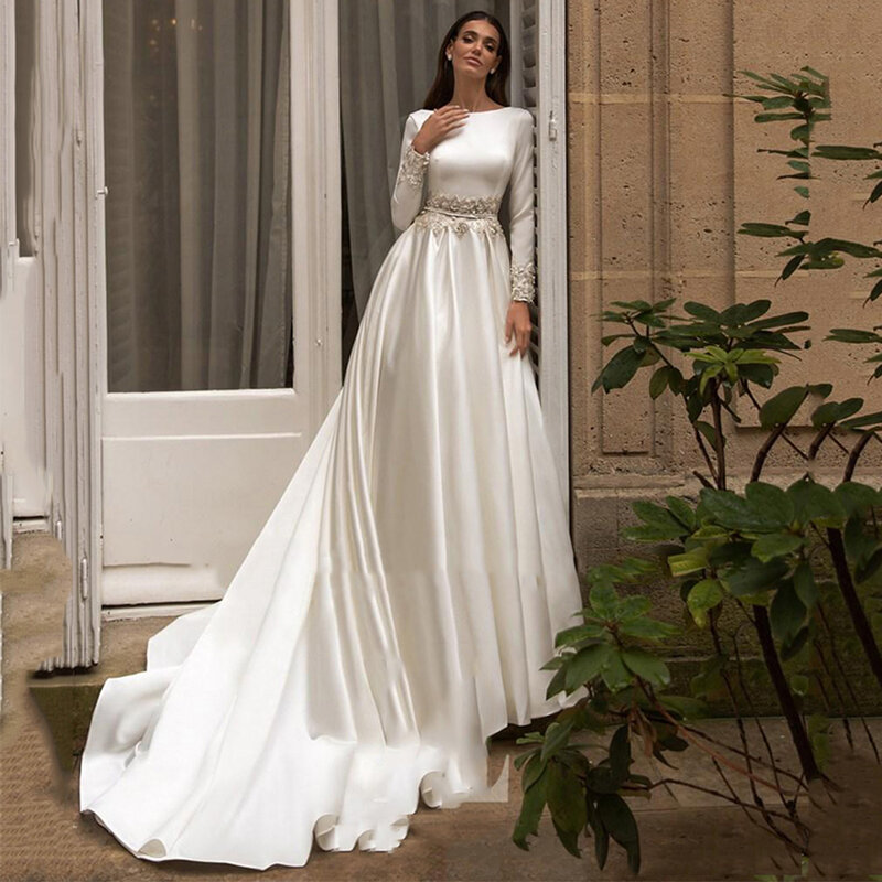 Женское атласное свадебное платье с длинным рукавом, открытой спиной и аппликацией