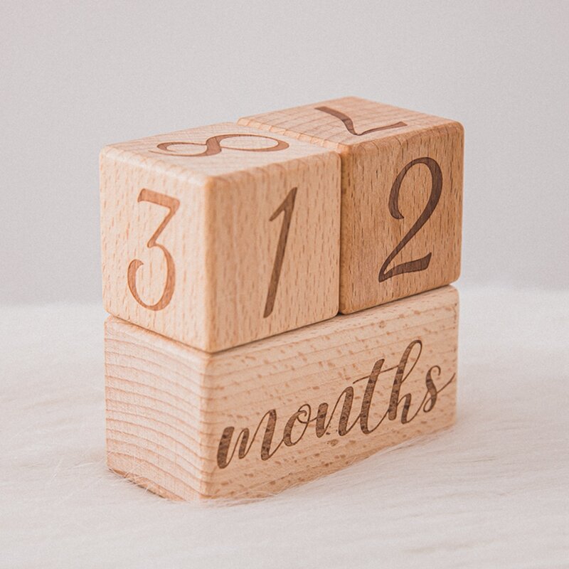 Juego de 3 piezas de madera cruda para bebé, tarjeta de hito del mes del bebé, bloque cuadrado de haya grabado, bloques de hitos de cumpleaños del mes del recién nacido, accesorios de fotografía