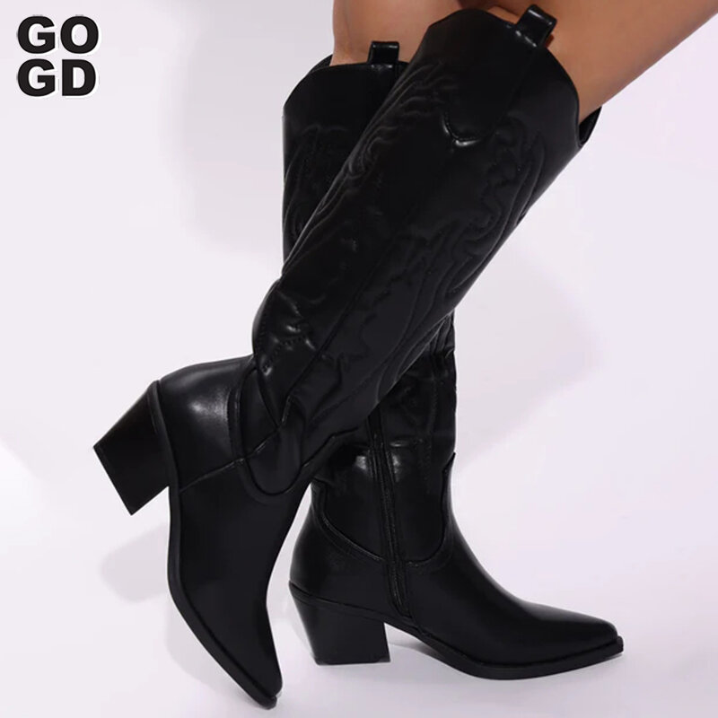 GOGD – bottes montantes rétro pour femme, chaussures de Cowboy occidentales, confortables, de marche, grande taille 41, pour l'automne et l'hiver, livraison directe