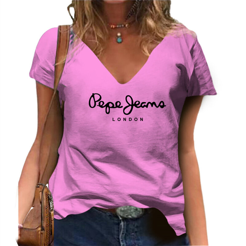 T-shirt donna moda t-shirt oversize donna manica corta tinta unita stampa floreale abbigliamento scollo a v maglietta estiva femminile Y2k Top