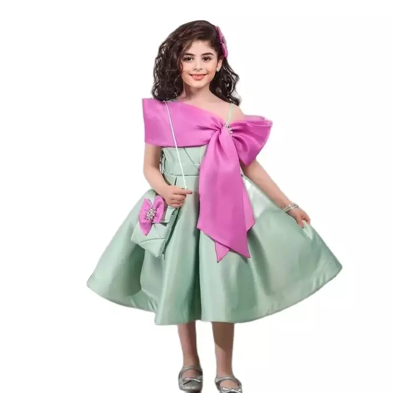 Elegant Solid Girl Dresses with Bow Latest Design Knee-Length A-Line Gowns Casual Formal First Communion Wedding Party Dresses
