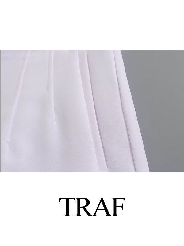 TRAF 2024 damskie modne letnie szykowne szorty białe wysokie zapinane na guziki z kieszeniami na suwak damskie główna ulica krótkie spodnie