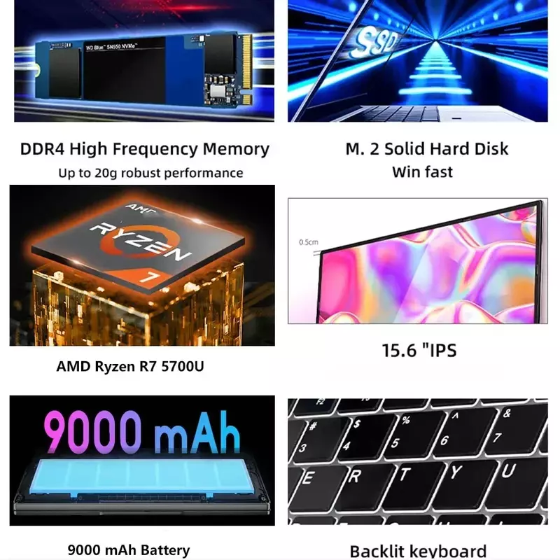 2024 ноутбуки AMD, игровые офисные деловые ноутбуки, Win11, 15,6 дюймов IPS Ryzen7 5700U, 8 ядер, 32 ГБ DDR4, Φ PCIE, 9000 мАч