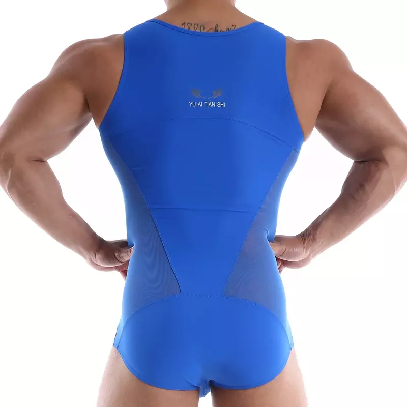 Men Sexy Gym Fitness Bodysuit Undershirt Leotards Tank Top Gym Singlet Muscle Vest Underwear Sleeveless Breathable Mesh Jumpsuit