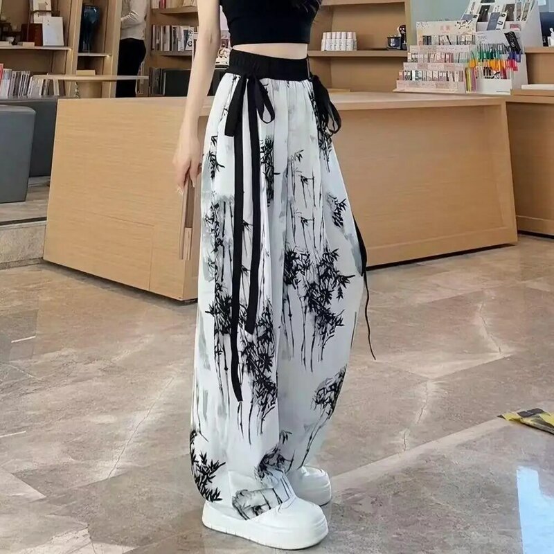 Pantalon à jambes larges imprimé encre de bambou chinois pour femmes, pantalon en mousseline de soie avec décoration de banderole, jambe large pour l'été