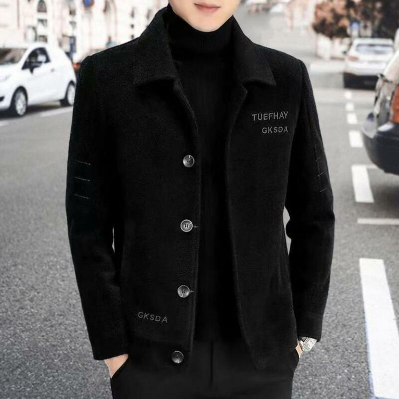 Single-breasted Men Coat Warm Plush Coat with Embroidery Letter Print Men's Lapel Jacket for Autumn Winter Featuring Long