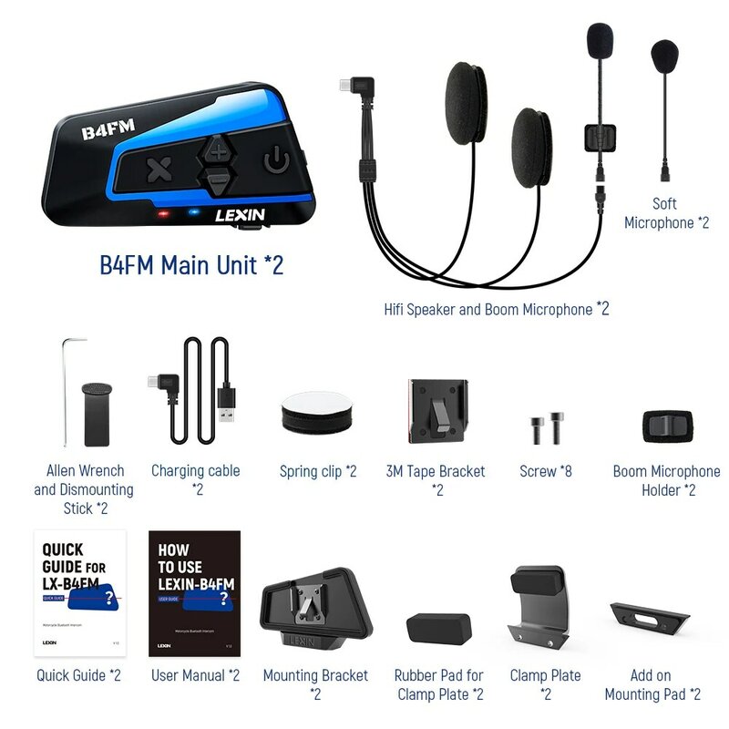 Lexin 2шт. B4FM BT Мотогарнитура для Мотошлема Bluetooth  Интерком для 4 Гонщика FM Радио Универсальное Сопряжение Intercom