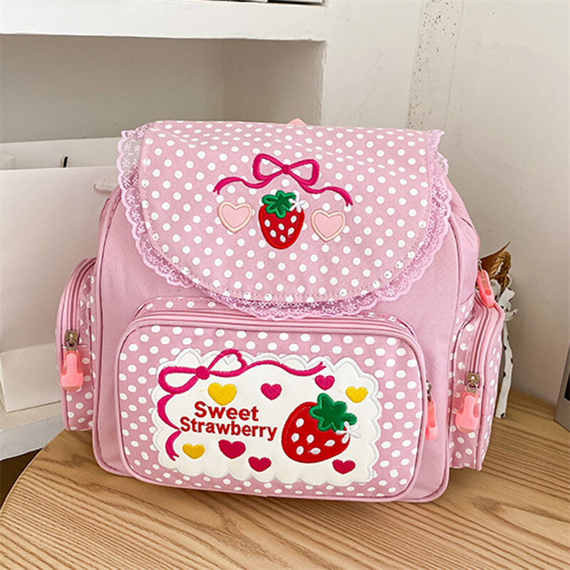 귀여운 딸기 자수 학생 학교 가방, 십대 소녀용 멀티 포켓 패션 칼리지, 귀여운 모칠라 도트