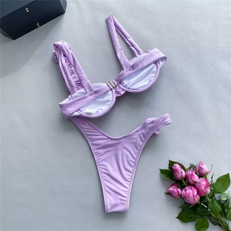 Bikini rosa brillante con flores para mujer, bañador Sexy con Push-Up, traje de baño con aros de corte alto, conjunto de Bikini arrugado 2024