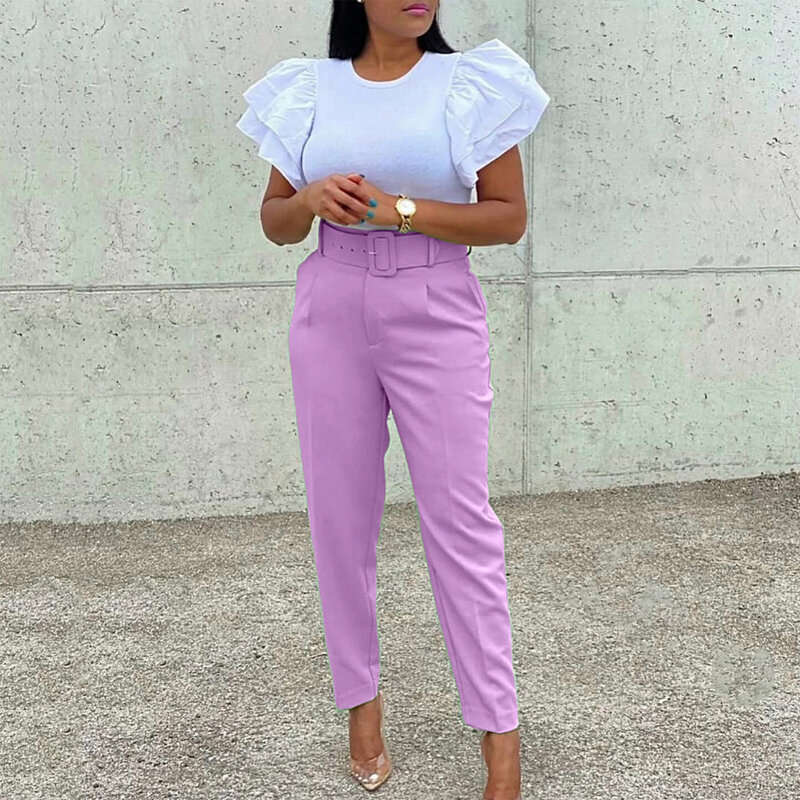Elegant Office Ladies Pants & Trousers for Women High Waisted Belt Waisted Solid Female African Business Work Pencil Pants Cloth