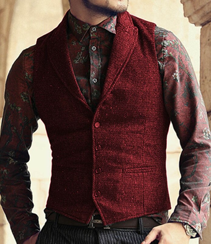 Gilet en tweed à motif à chevrons classique pour hommes, gilets en laine à revers cranté, gilets d'affaires, vert armée, glaçure trempée