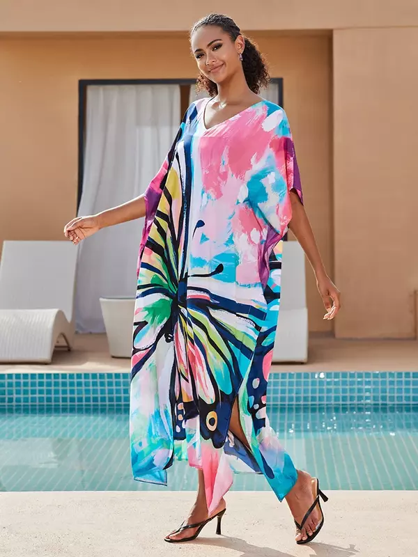 サンforyou-女性用の軽量カフタンドレス、バタフライプリント、水着、カバーアップ、自由奔放に生きるドレス、ビーチ用のトンガ、ラウンジウェア