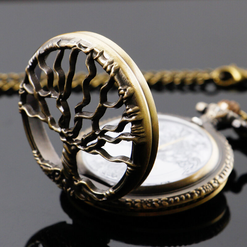 Brązowy antyczny zegarek kieszonkowy z motyw drzewa życia z naszyjnikiem Steampunk unikatowe prezenty zegarek z łańcuszkiem dla mężczyzn kobiet
