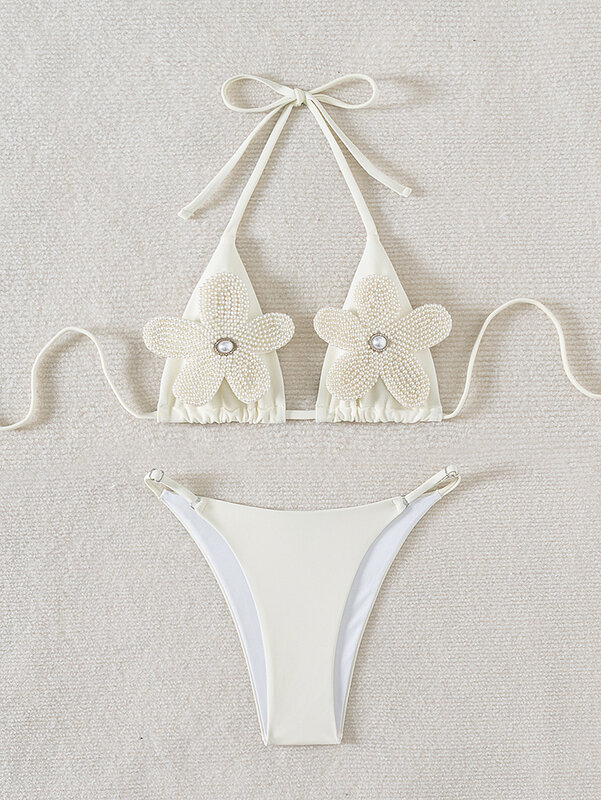 Conjunto de Bikini con estampado Floral 3D para mujer, traje de baño Sexy con perlas, Micro bañador de realce blanco, traje de baño brasileño recortado para playa, Tanga 2024