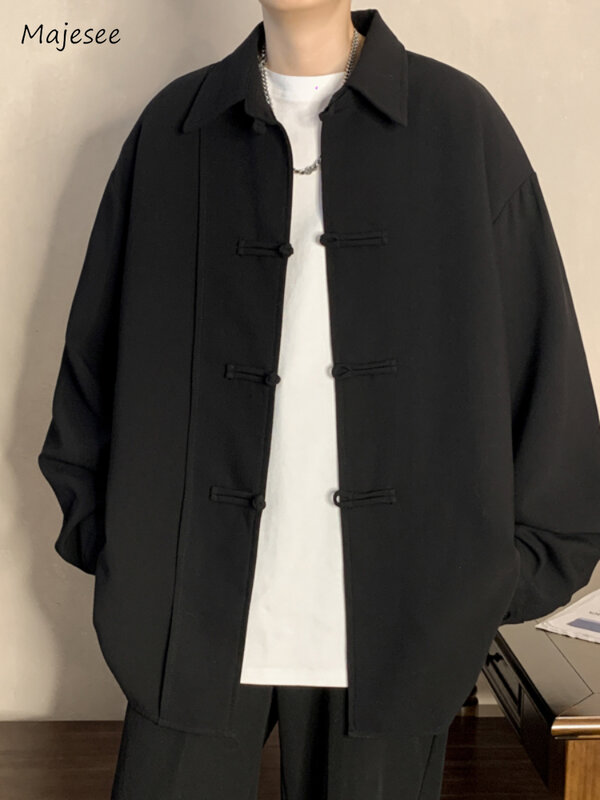 Camisa masculina monocromática manga longa, estilo chinês, gola virada para baixo, rua alta, simples e na moda, casual e simples, Harajuku, para primavera