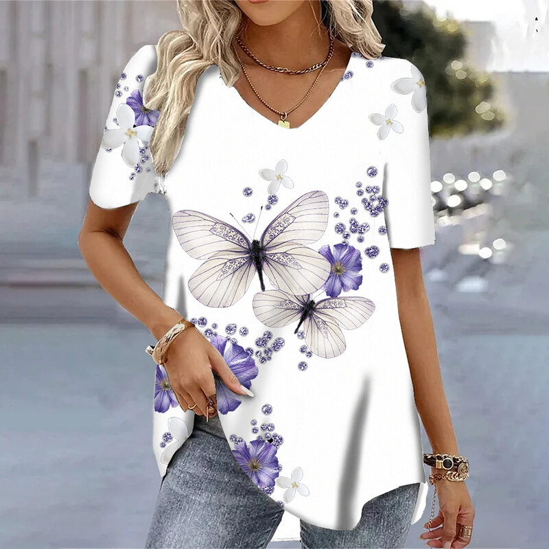 Camiseta feminina de manga curta estampada em borboleta 3D, camiseta com decote em v, blusas casuais soltas, roupas estilo coreano, 2024