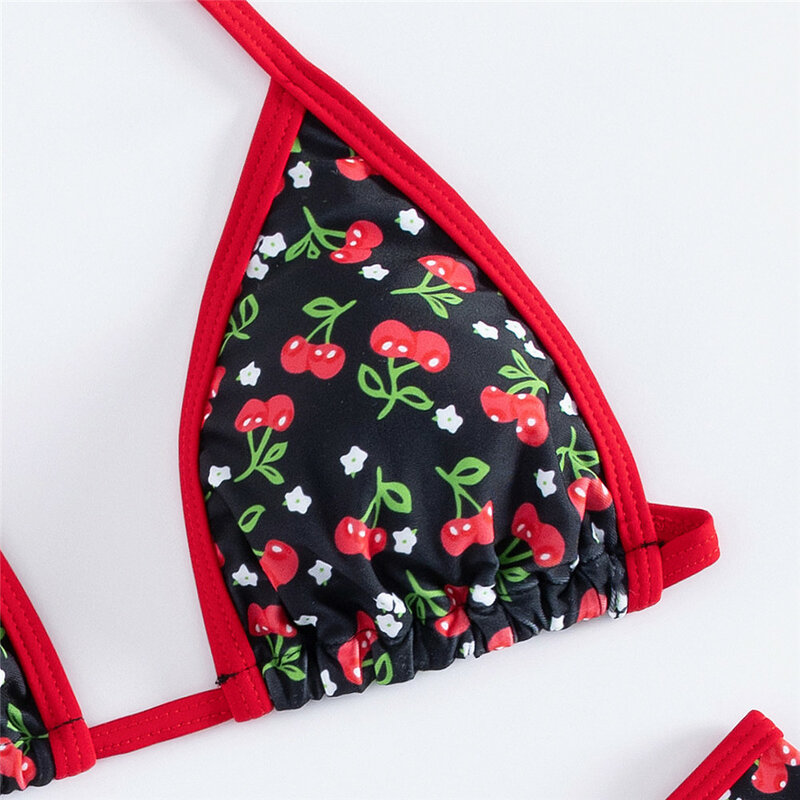 Sexy cereja estampa floral de biquíni feminino, corda de halter triângulo, roupa de banho alta, moda praia, 2022