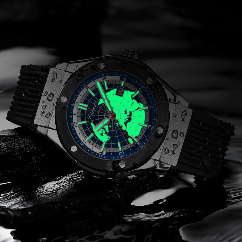 Modne zegarki męskie na co dzień unikalny silikonowy pasek wzór mapy świata sportowy zegarek na rękę kwarcowy kalendarza dla mężczyzn zegar luksusowy prezent