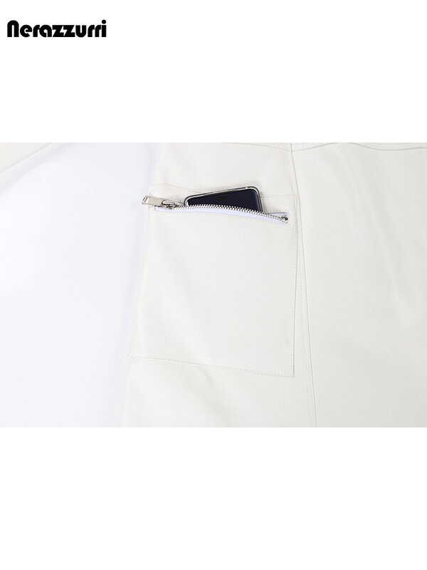 Nerazzurri-Chaqueta de cuero sintético para mujer, abrigo largo con cremallera y cinturón, color blanco, moda europea para primavera y otoño, 2023
