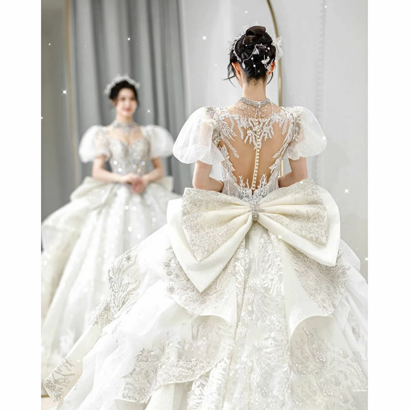 Gaun Pengantin Gaun Pesta Manik-manik Kristal Dubai Arabia Gaun Pengantin Glitter Mewah Wanita 2023 Lengan Bengkak Jubah Pernikahan Gaun Pengantin