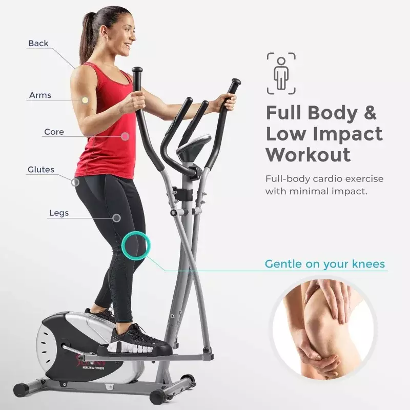 Sunny Health & Fitness Legacy Stepping Elliptical Machine, Total Body Cross Trainer, Low Impact Exercise Equipment with Opti