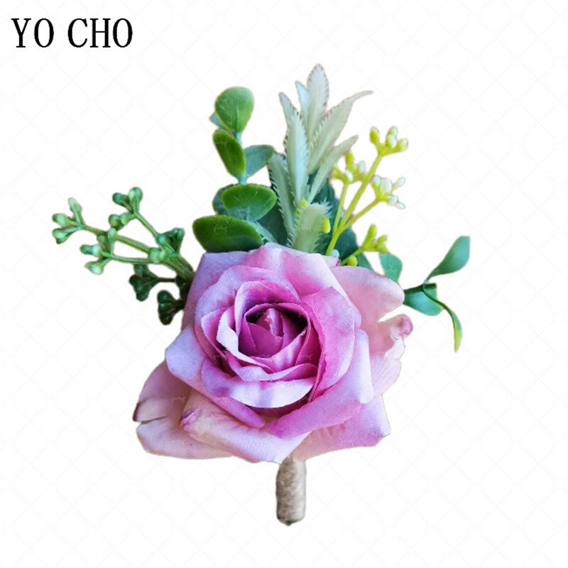 Mężczyźni Boutoniere kwiaty ślubne purpurowe niebieskie różowe sztuczne róże jedwabne bukieciki drużbowie broszki akcesoria ślubne