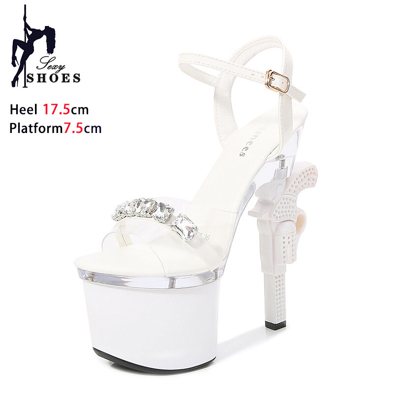 7 inci sandal pesta berlian imitasi mewah baru musim panas hak tinggi Crossdresser wanita gaya aneh sepatu dansa tiang PVC transparan