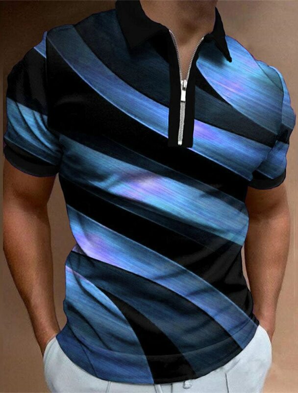 Camisas de Golf con estampado gráfico de rayas en espiral para hombre, Polo informal de tendencia con cremallera de manga corta, Polo Regular de verano