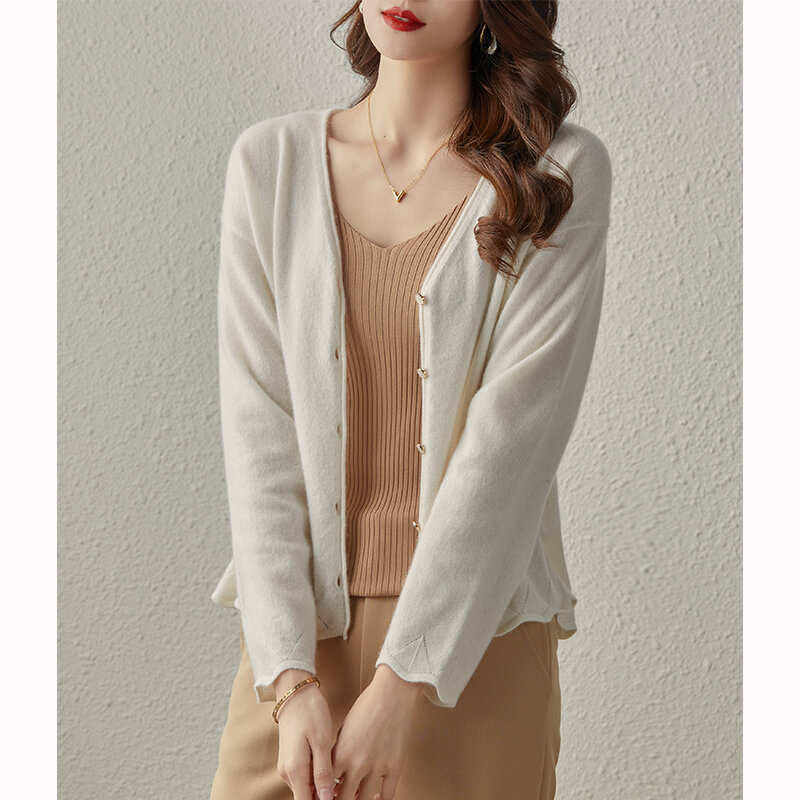 High-end Fashion Women V-neck Cardigan 100% Cashmere Sweater Spring Autumn Long Sleeve Soft Office Lady Basic Knitwear Tops