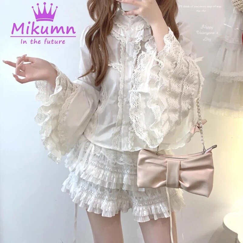Mikautumn-Blusas femininas estilo Lolita gótica, vintage vitoriano, babados de renda elegantes, tops de manga flare, camisas japonesas kawaii para meninas