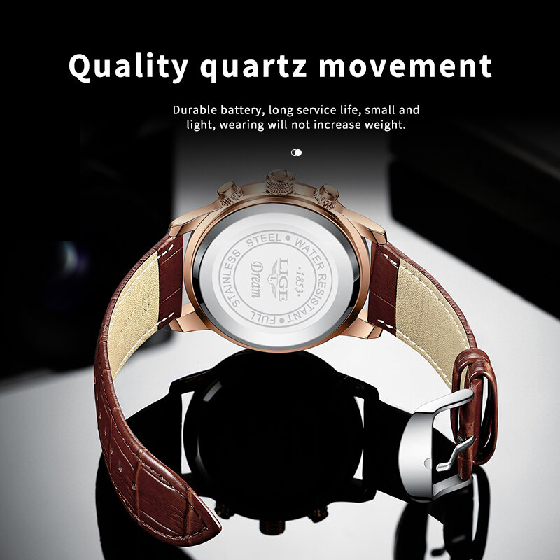 LIGE-Montre-bracelet en cuir étanche pour homme, montre à quartz masculine, horloge de sport, marque supérieure, luxe, nouveau, 2024