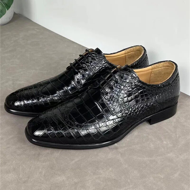 Autêntico exótico pele de crocodilo empresários brogue oxfords genuíno verdadeiro couro de jacaré masculino preto sapatos de vestido de renda