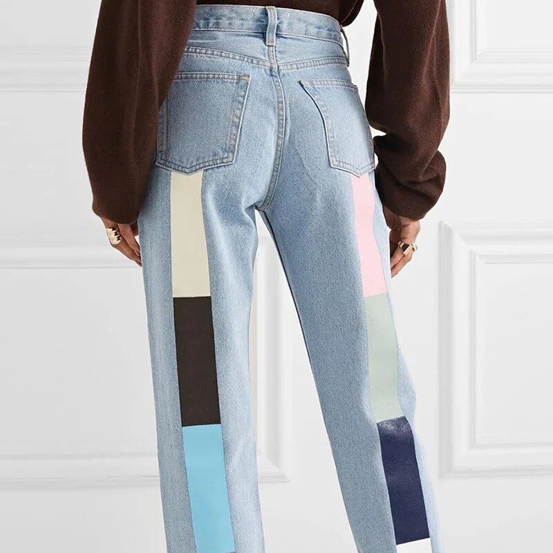 Lockere Damen jeans aus Baumwolle mit geradem Bein, bedruckte Nähte, Damen jeans mit hoher Taille, Streetwear-Reiß verschluss hose für Frühling und Sommer