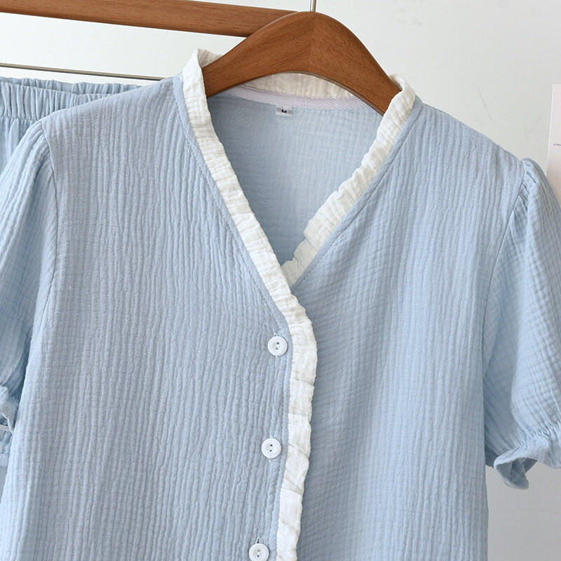 女性用の薄い綿の夏のパジャマ,女性用のカジュアルなルーズスーツ,シングルブレストのパジャマ,無地,パジャマ,100%