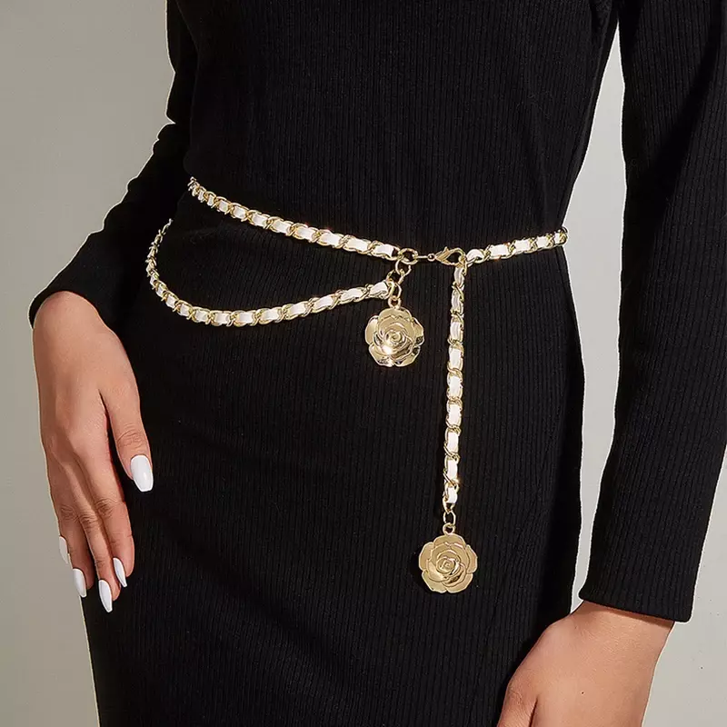 Cinturones de cadena de Metal de alta calidad para mujer, colgante de flores redondas, correa de cadena, cuerda, pretina fina, vestido, camisa, decoración