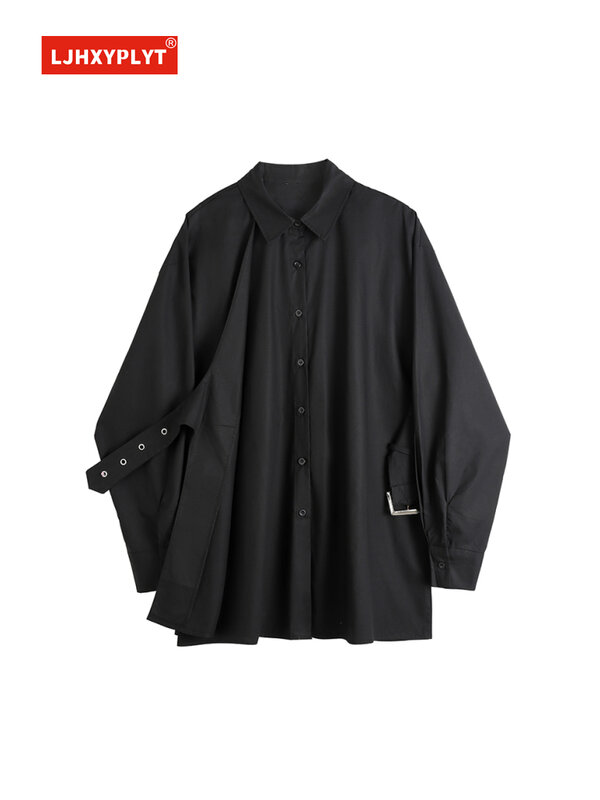 Рубашка женская однобортная оверсайз, Готическая блузка черного цвета с длинным рукавом, свободная уличная одежда в стиле панк, голубая блузка, весна-осень