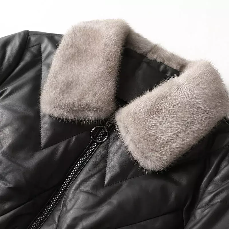 Tcyeek jaqueta de couro genuíno pele de carneiro quente puffer jaqueta roupas femininas preto gola de pele de vison curto casaco de inverno manteau femme