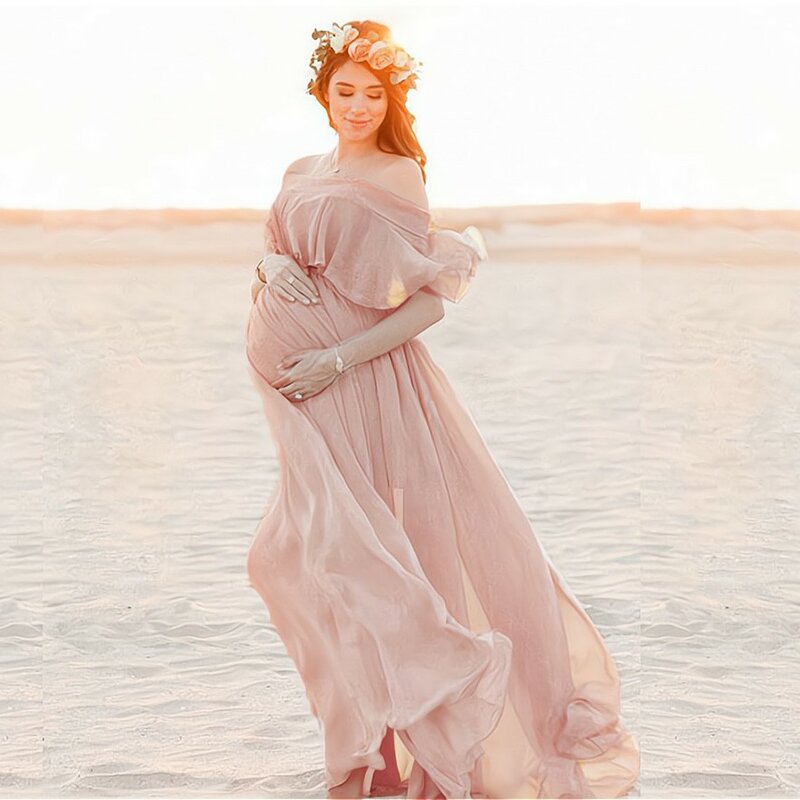 New Pink Ruffles Maternity Dresses For Photo Shoot Bohemian Chiffon Pregnant Women Photography Props Maxi Dress Premama Clothes