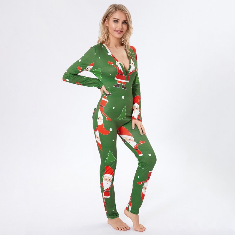 Pijama navideño de manga larga con cuello en V para mujer, mono ajustado con estampado navideño para padre, ropa de dormir femenina, novedad de 2023
